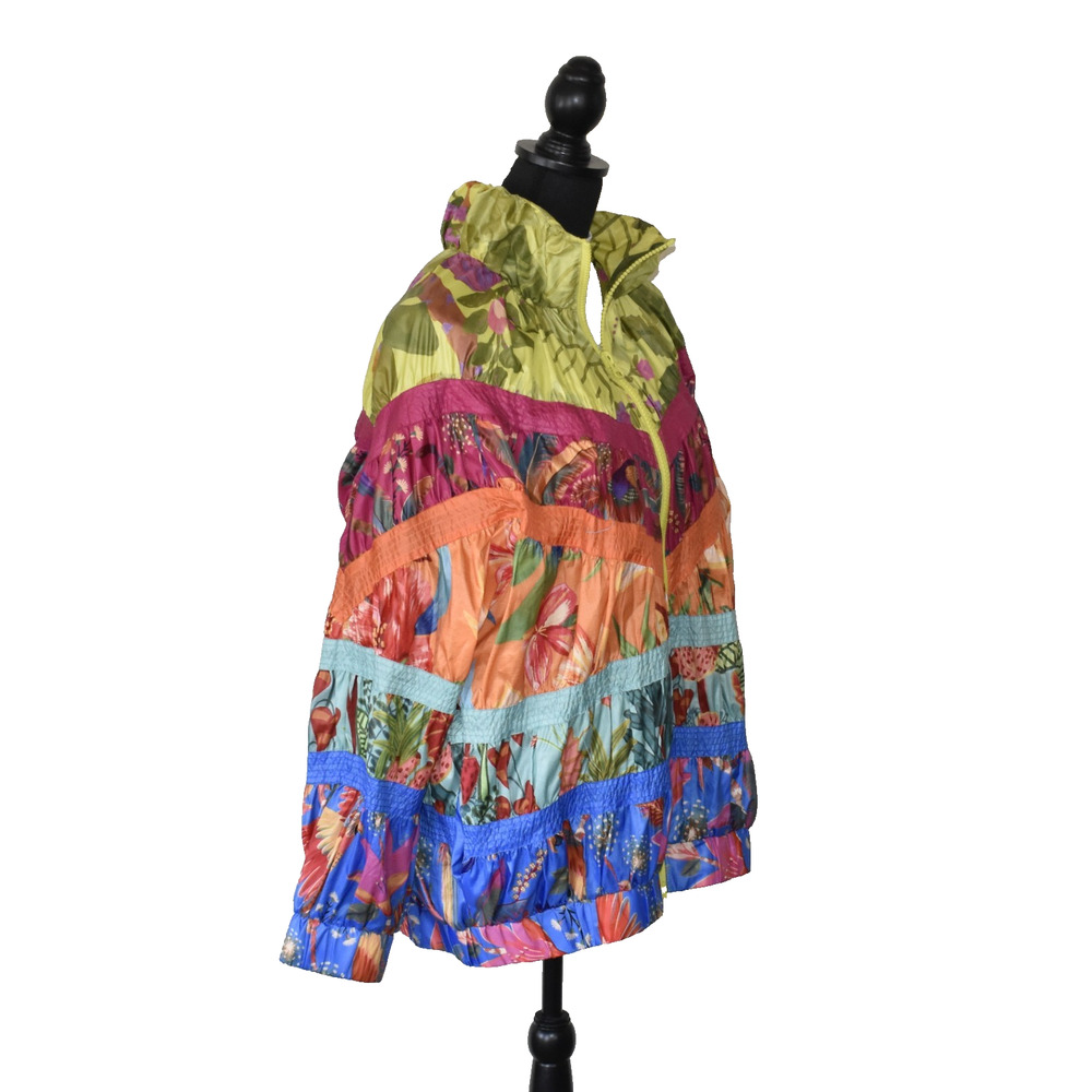 B2 NWOT FARM RIO Multicolor Patchwork Print Ruffled Windbreaker Jacket Size L - Picture 3 of 8